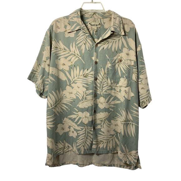 Paradise Coves Hawaiian Shirt Mens Large Silk Green Beige Tropical Surfer Beach - Picture 1 of 7